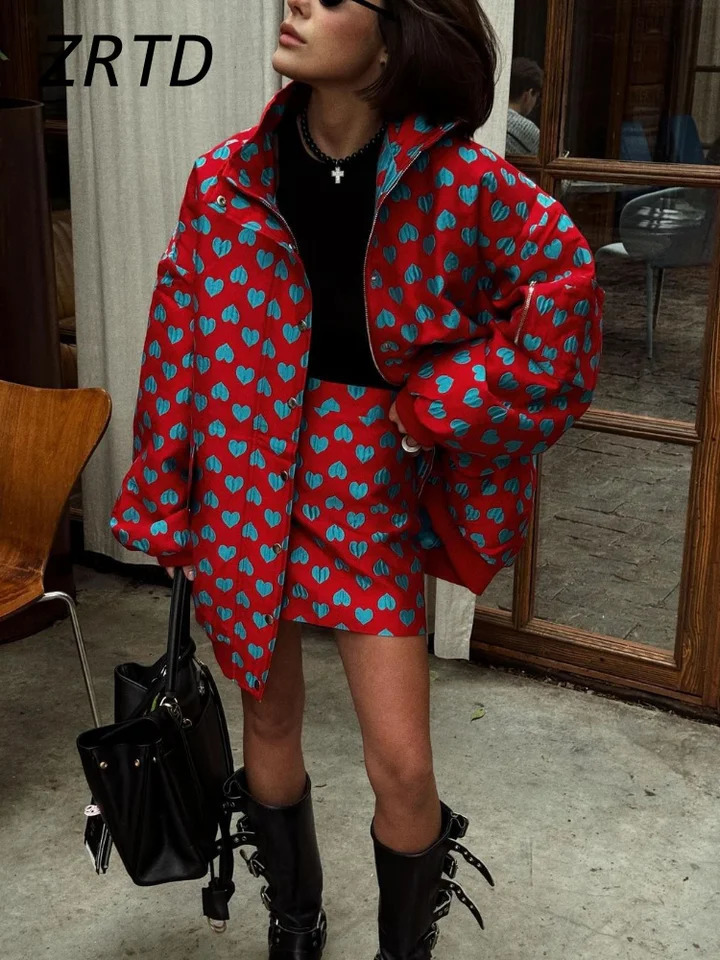 Oversize Heart Printed Jacket Mini Skirt Sets Women Loose Stand Collar Zipper Pockets Jackets Short Skirts 2024 Lady Y2k Outfits 250113