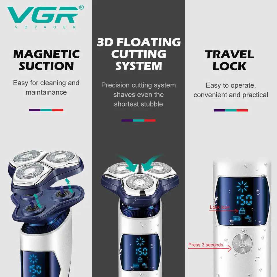 Original VGR 3D Wet Dry Electric Shaver For Men Beard Rechargeable Facial Electric Razor Floating Head Shaving Mane LithiumW250117