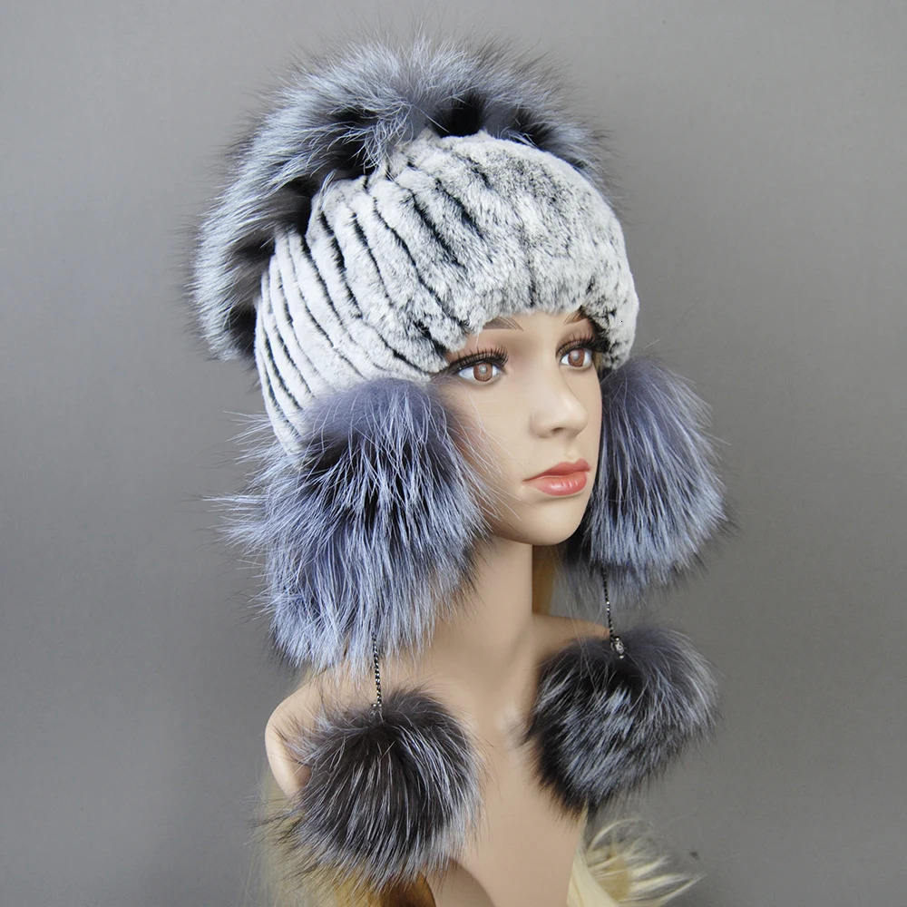 Elastic Knitted Rex Rabbit Fur Beanies Handmade Genuine Fur Hats with Fox Fur Ears Genuine Leather Snow Hats Suitable for Female ers 250109
