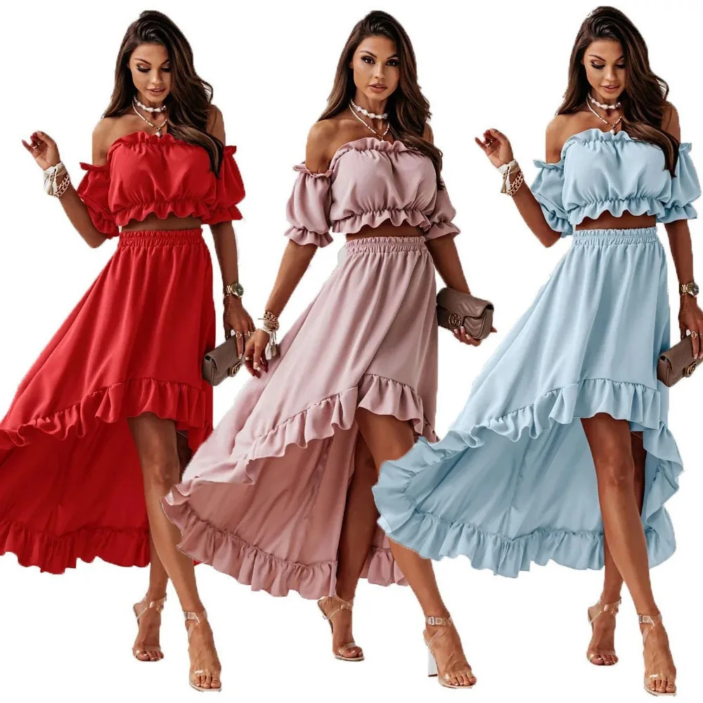Womens Solid Color One Line Collar Sexy Waist Revealing Bubble Sleeve Top With Lotus Leaf Skirt TwoPiece Set For Women 250122