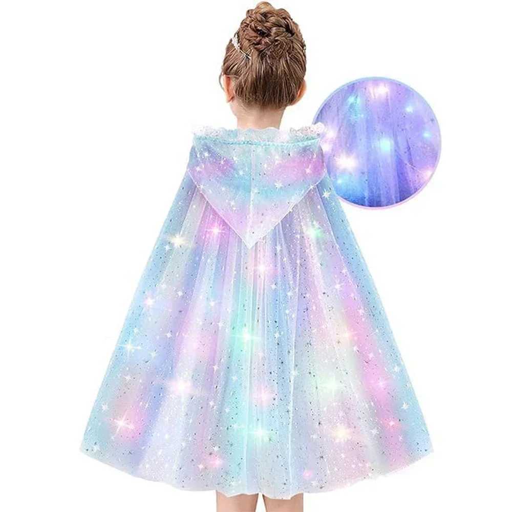 LED Princess Girls Cape Children Costume Cloak Kids Aurora Rapunzel Elsa Carnival Party Clothes Sequins Performance Accessory W250117
