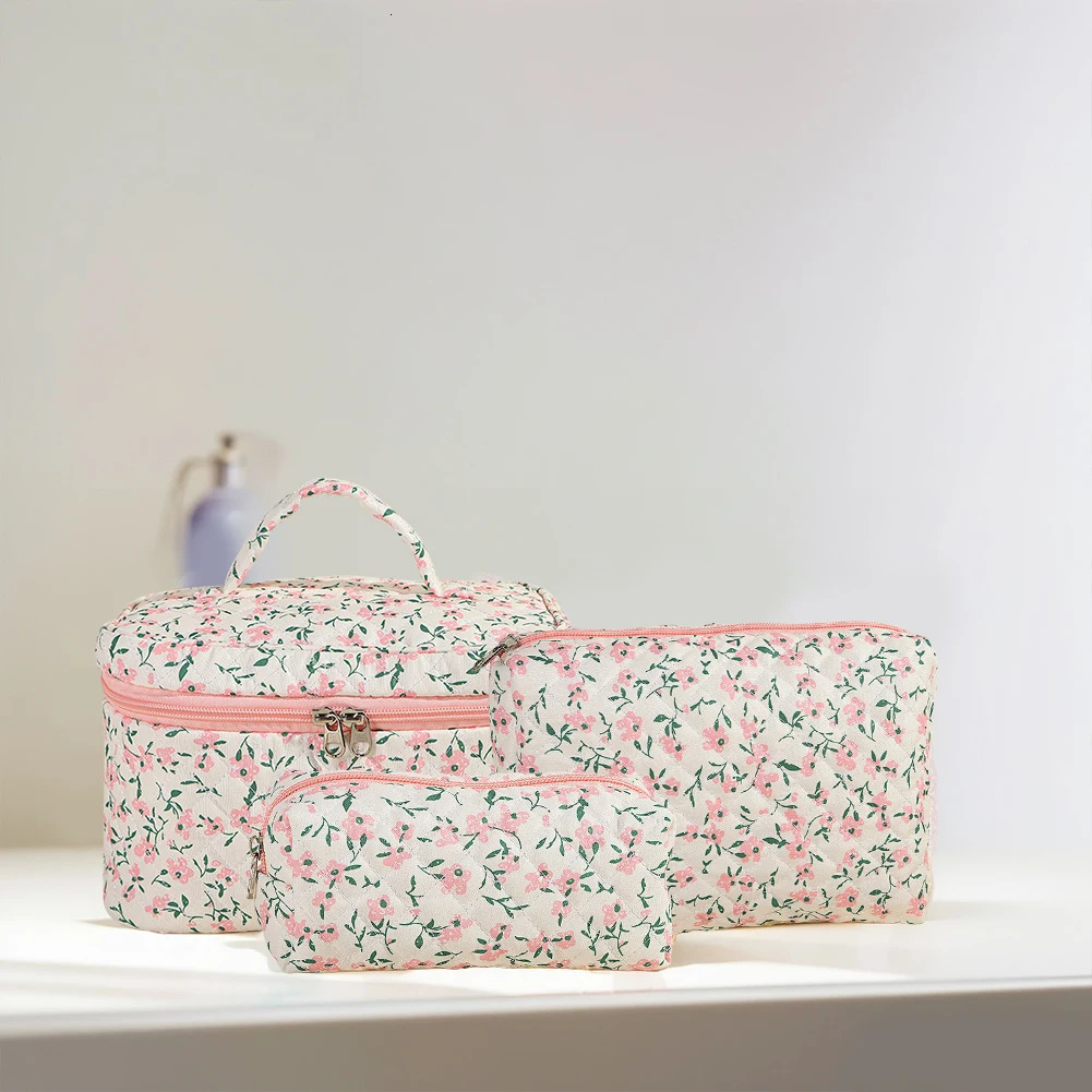 Cotton Toiletry Bag 3Pcs Makeup Bag Cute Floral Toiletry Organizer Bag Travel Cosmetic Bag for Women Girls250114
