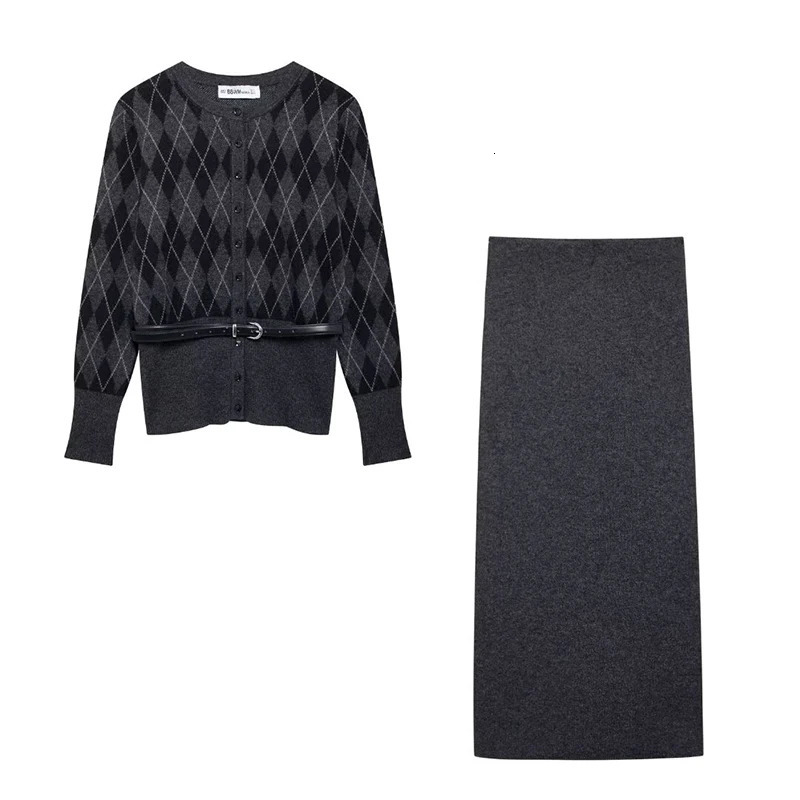 Willshela Women Fashion 2 Piece Sets Grey Single Breasted Sweater Vintage Elastic Waist Skirt Female Chic Lady Skirts Set 250122
