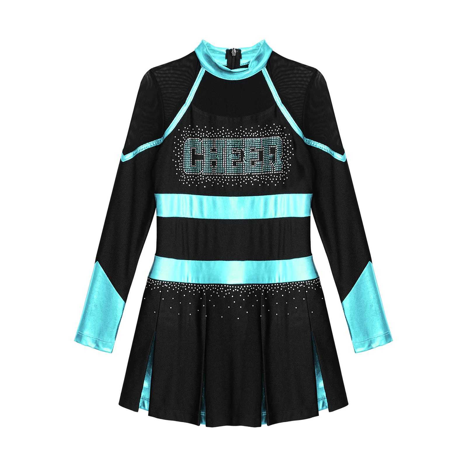 Kids Girls Cheerleader Costume Outfit Rhinestone Long Sleeve Dress Musical Cheerleading Uniform Halloween Party Carnival CosplayW250121