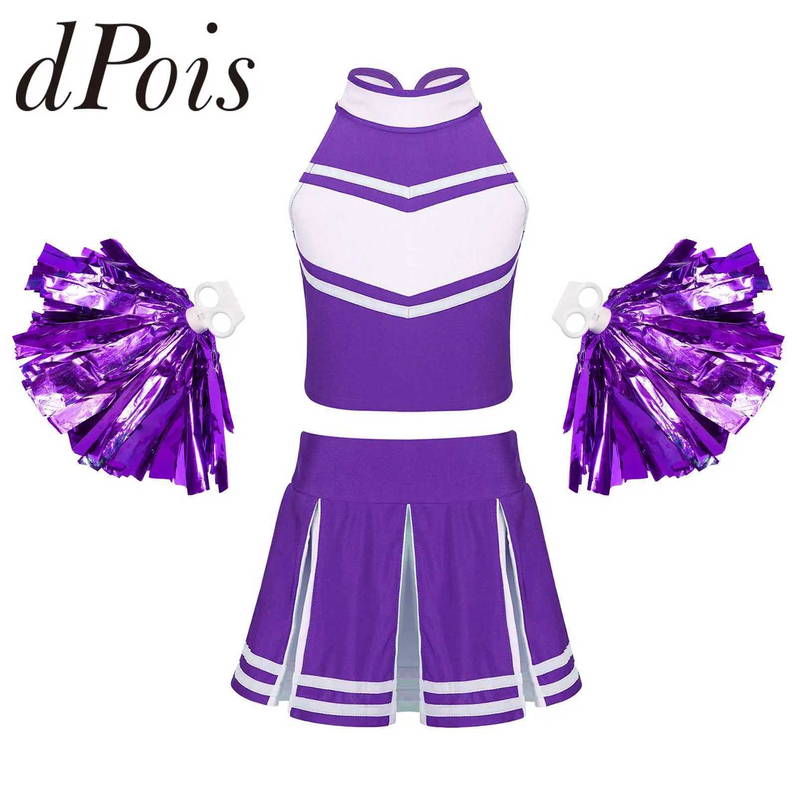 Kids Girls Cheerleading Costume Cheering Team Dance Outfits Tops Pleated Skirt Tassel Flower Ball Set Child Cheerleader UniformsW250121