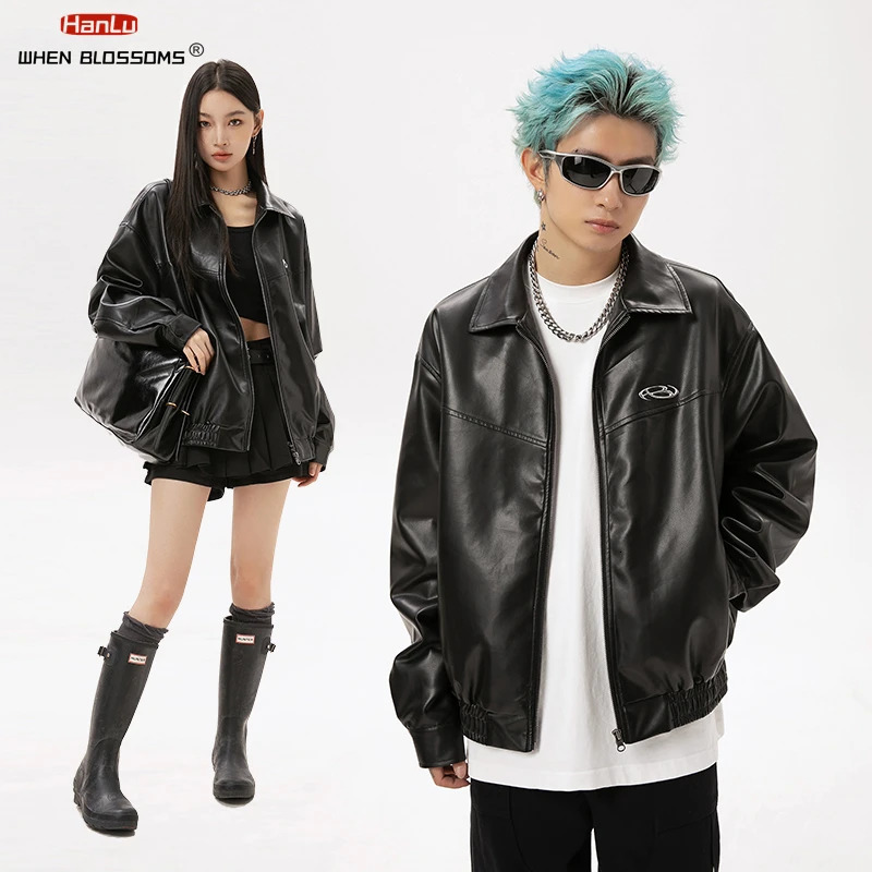 Metal Printed Black PU Leather Jacket for Men and Women Trendy American High Street Spring Couple Trend 250120