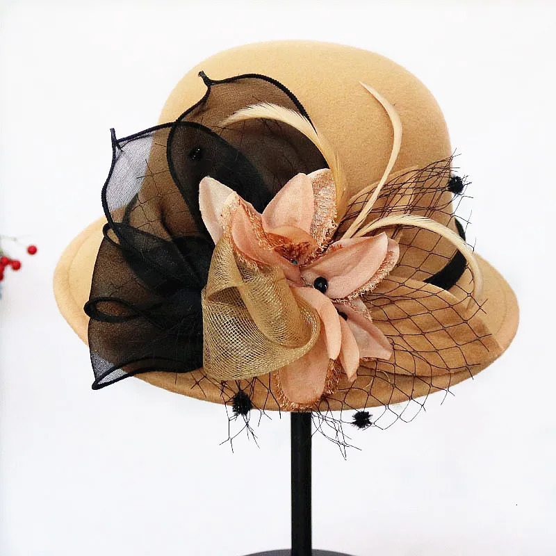 Autumn Winter Wool Women Elegant Church Hat Ball Ribbon Solid Color Ladies Jazz Cap Female Bow Bowler Wedding Ceremony 250118