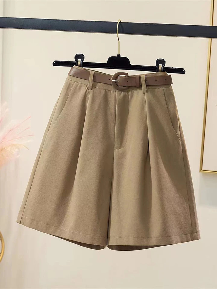 Zoki Pure Cotton Y2K Cargo Shorts Women Harajuku Belt High Waist Shorts Korean Vintage Loose Solid Female Simple Casual Shorts 250118