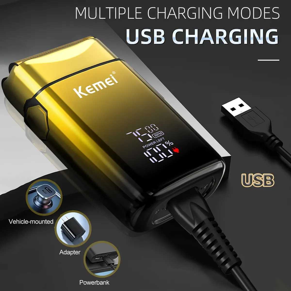 Kemei electric bald shaver hair cutting foil shaver LCD display screen cordless mens shaver USB charging beard trimmerW250117