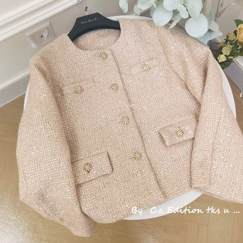 Sequin Small Fragrance Short Coat Tweed Elegant Temperament Female Tops 2024 Autumn Korean Chic Pink O Neck Jackets Woman