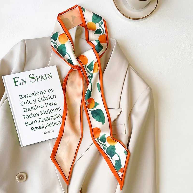 Fashion Silk Neck Scarf Luxury Long Narrow Orange Fruit Hair Tie La Print Soft Headband Shls and Wrs Neckerchief 130*7Cm W250118