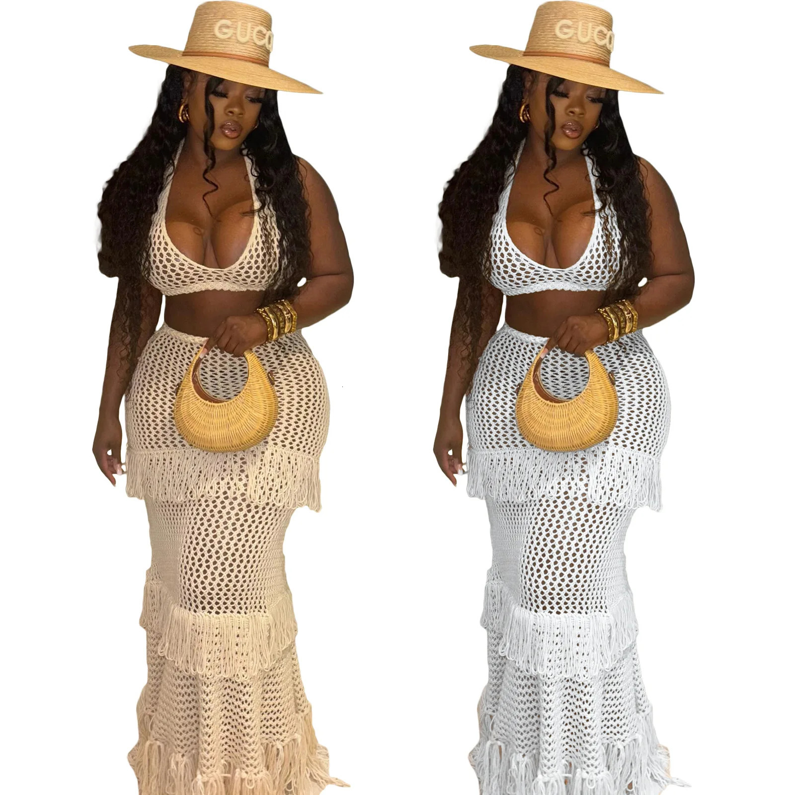Knitted Crochet 2 Piece Skirt Sets Sexy Ruffle Elegant Fringe Tassel Dress 2024 Summer Outfits Crop Top Two Piece Skirt Sets 250113