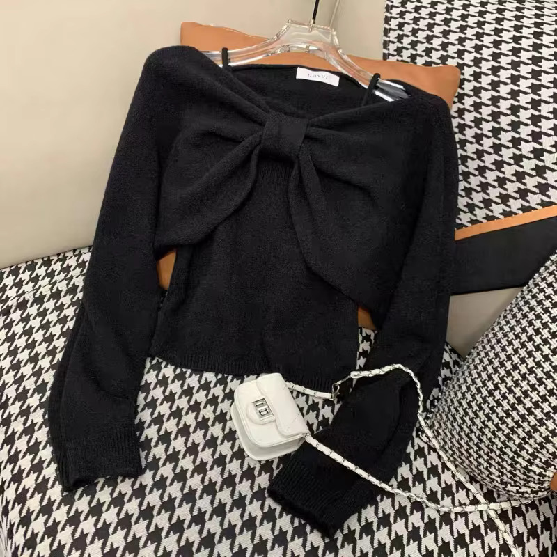 Sweet Bow Long Sleeve Sweater + Slim Fit Simple Knitted Tank Tops Women Autumn Winter 2024 New Korean Chic Two Piece Set