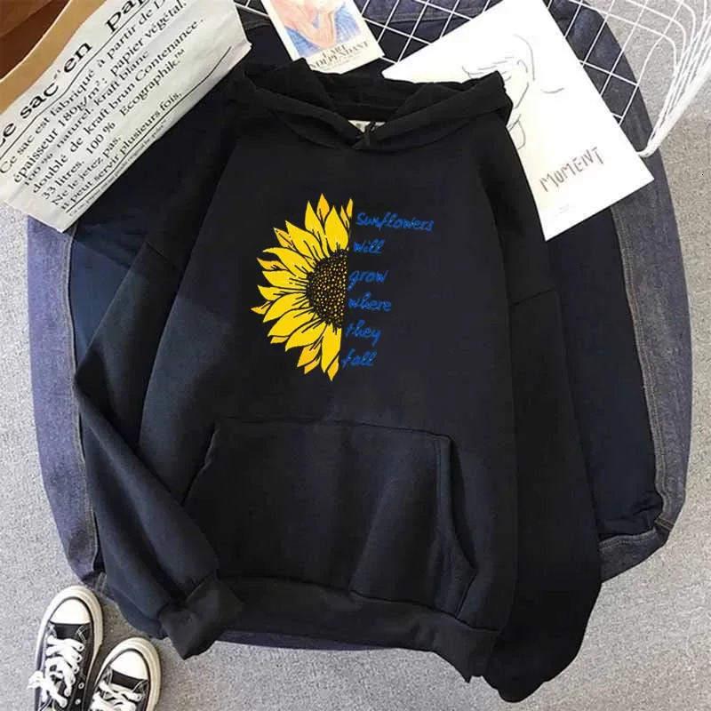 Ukraine Cartoon Print Hoodies Women Autumn Winter Clothes Harajuku Punk Vintage Graphic Tee Down Jacket Woman Black Hooded Top 250122
