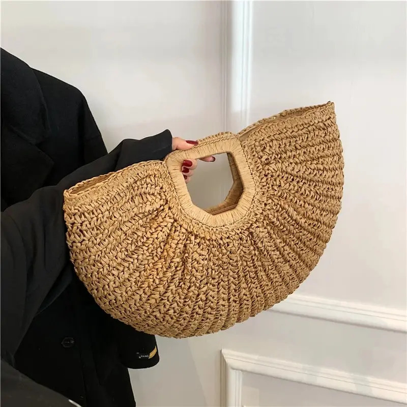 Summer Straw Women Half-moon Beach Handbag Rattan Handmade Handle Fashion Kintted Tote Bag 250207