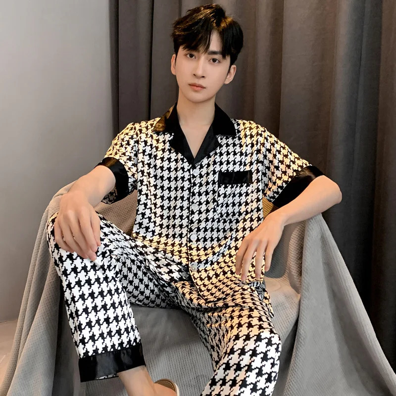 n Houndstooth Pajama Men Ice Silk Pyjama Set Youth Home Wear Teenager Night Clothes Long Sleeve Suit SleepwearSet Male 250122