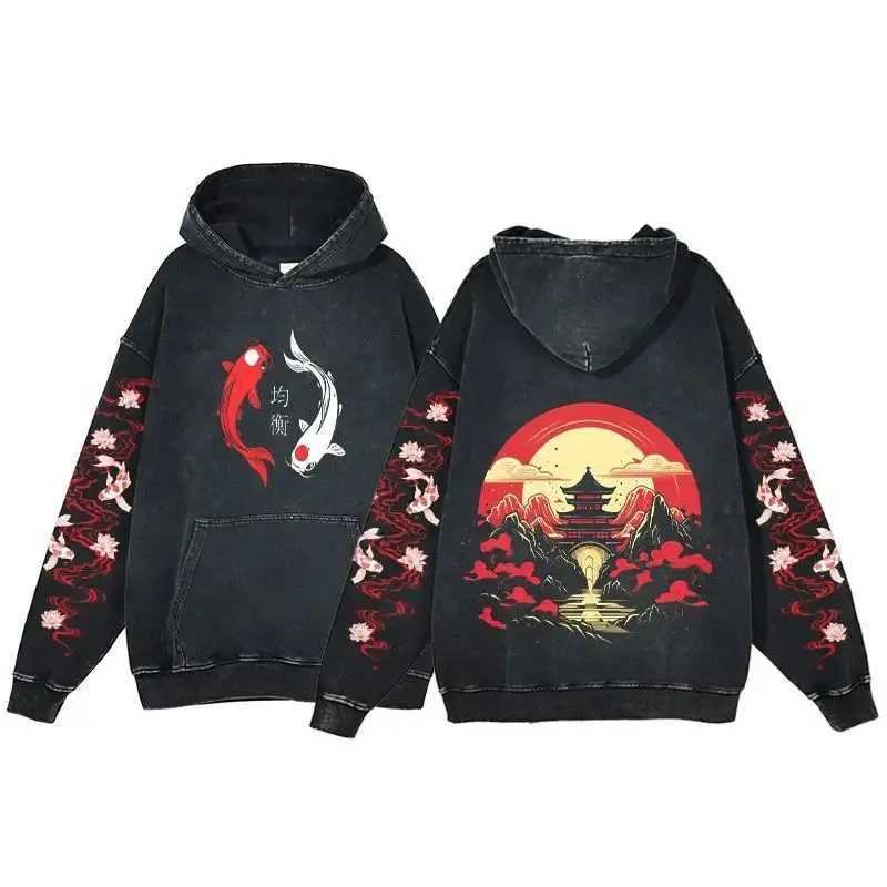 Y2K Harajuku Hoodie Men Ukiyoe Koi Fish Vintage Acid Wash Sweatshirt Hoodies Teen Hip Hop Long Sleeve Oversized Gothic Pullover W250117