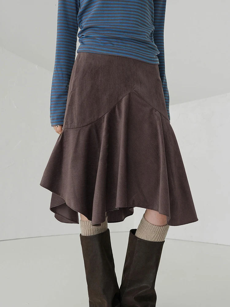 IAMSURE Casual Solid Asymmetrical Skirt Elegant Fashion Basic High Waisted Midi 2024 Autumn Spring Ladies 250121