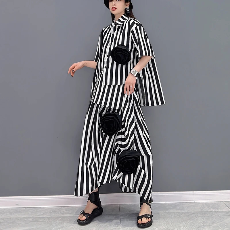 Korean Style Tie Flowers Decorated Loose Fit Two Pieces Set Woman Summer Oversized Striped Blouse Shirt And Skirt Outfit JJSE016 250122