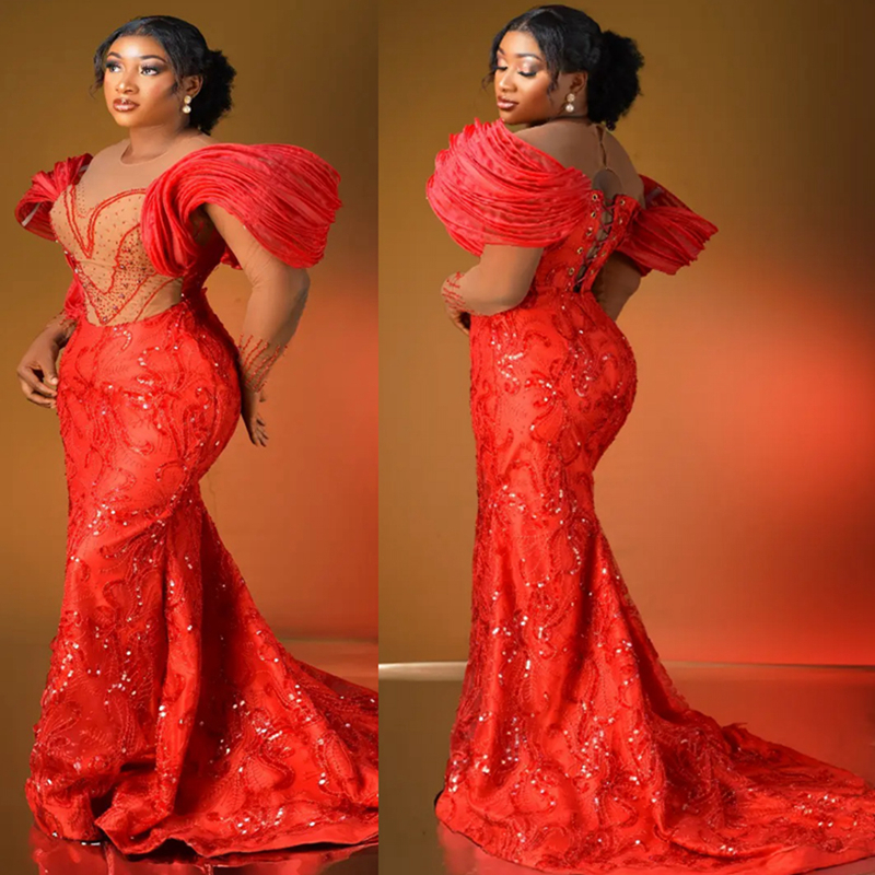 2025 Plus Size Red Aso Ebi Prom Dresses Mermaid Evening Gowns For Black Women Illusion Sheer Neck Long Sleeves Beaded Birthday Dress Second Reception 
