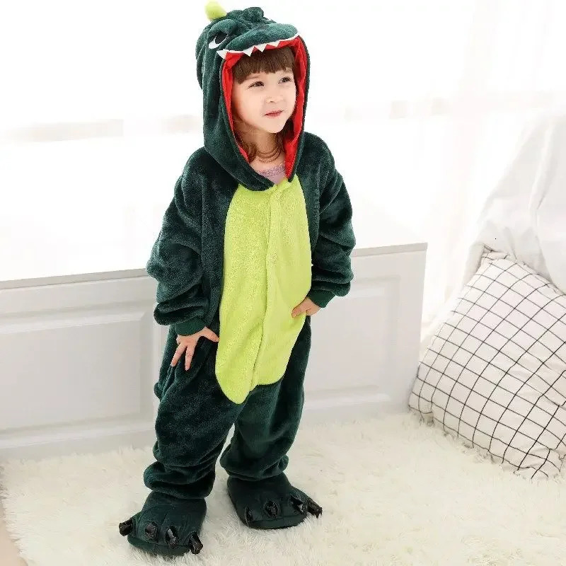 Kids Onesies Boys Girls Green Dinosaur Pajamas Flannel Sleepwear Nightwear Animal Cosplay Costume Halloween Party Funny Outfits 250114