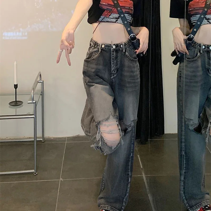 Y2K Ripped Denim Pants for Women Spring Button High Waisted Baggy Washed Hole Vintage Jeans Casual All-Match Straight Trousers 250117