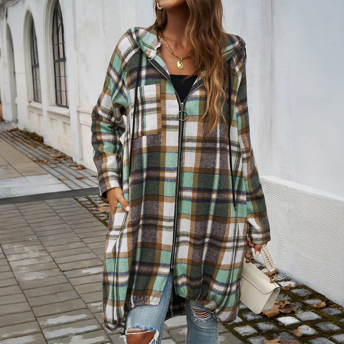 YJKDYK Spring Autumn Womens Windbreaker Female Casual Loose Contrast Zipper Hooded Jacket Ladys Plaid Coats Womens Clothing 250118