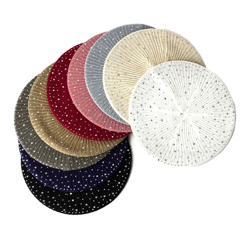 Handmade Women Rhinestone Beret Adult Knitted Stripe Solid Hat Female Ladies Warm Flexible Berets Girls Lady Casual Bonnet 250120