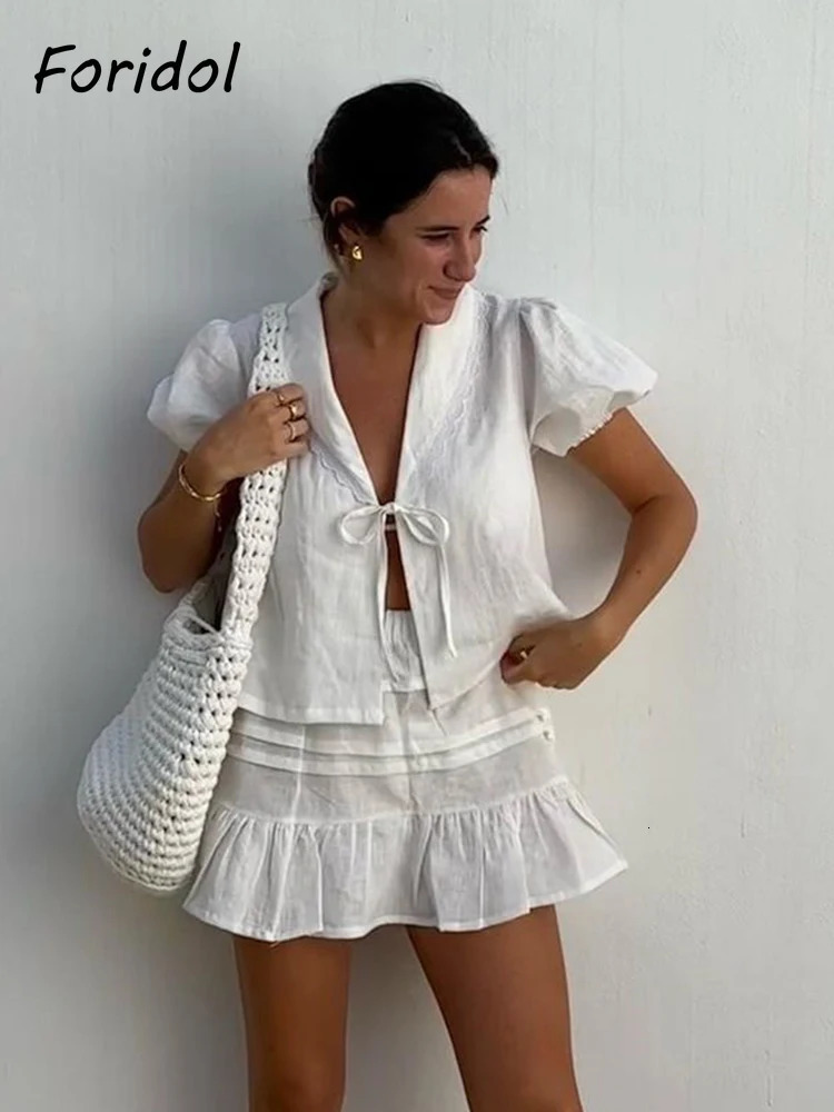 Foridol White Cotton Linen Womens Leather Cover 2-piece Matching Set Lace Decorative Ruffle Dress Set Casual Womens Set 250110