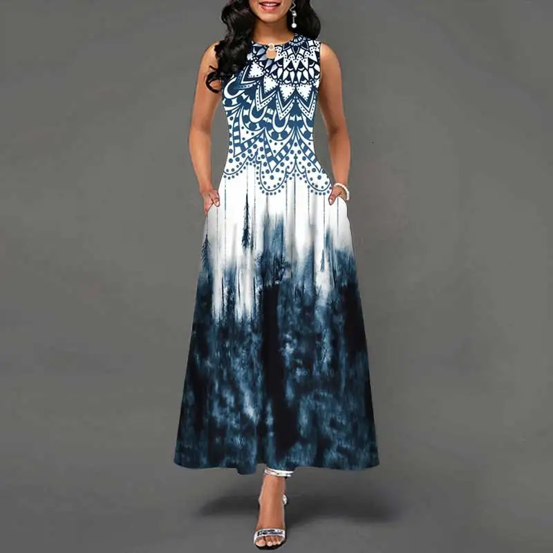 Summer European and American Sleeveless Long Dress Women Flower Print Large Swing Skirt Bohemian Retro Loose Long Skirt 250117