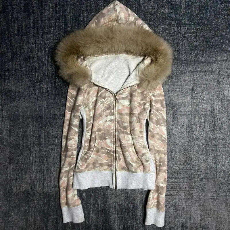 Streetwear Y2K Zip up hoodie Dark Faux Fur Collar Camouflage Rock Goth Zipper Hoodie sweatshirt Punk Hip Hop Jacket Vintage EMO250120