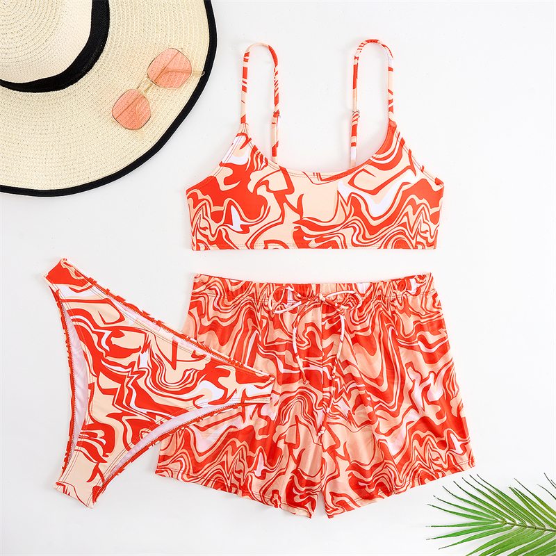2025 Print Bikini Set with Mesh High Waist Beach Shorts Three Piece Swimsuit Women Push Up Swimwear Female Bather Bathing Swimming Swim Suit Beachwear