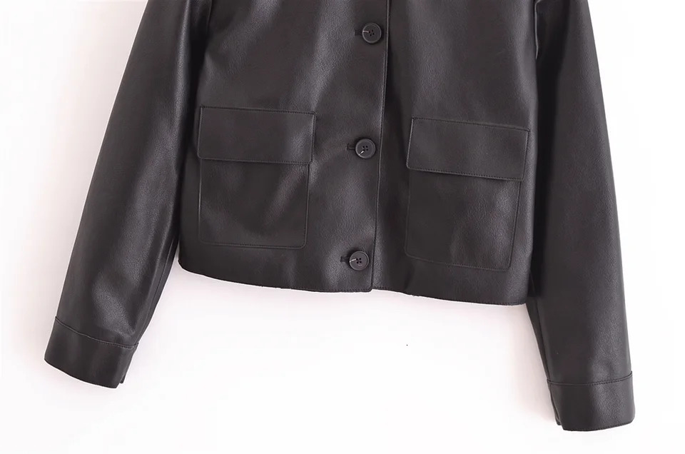 PB ZA Autumn Womens Clothing n Sense Commuting Versatile Look Thin Black Leather Short Long Sleeve Jacket 250122