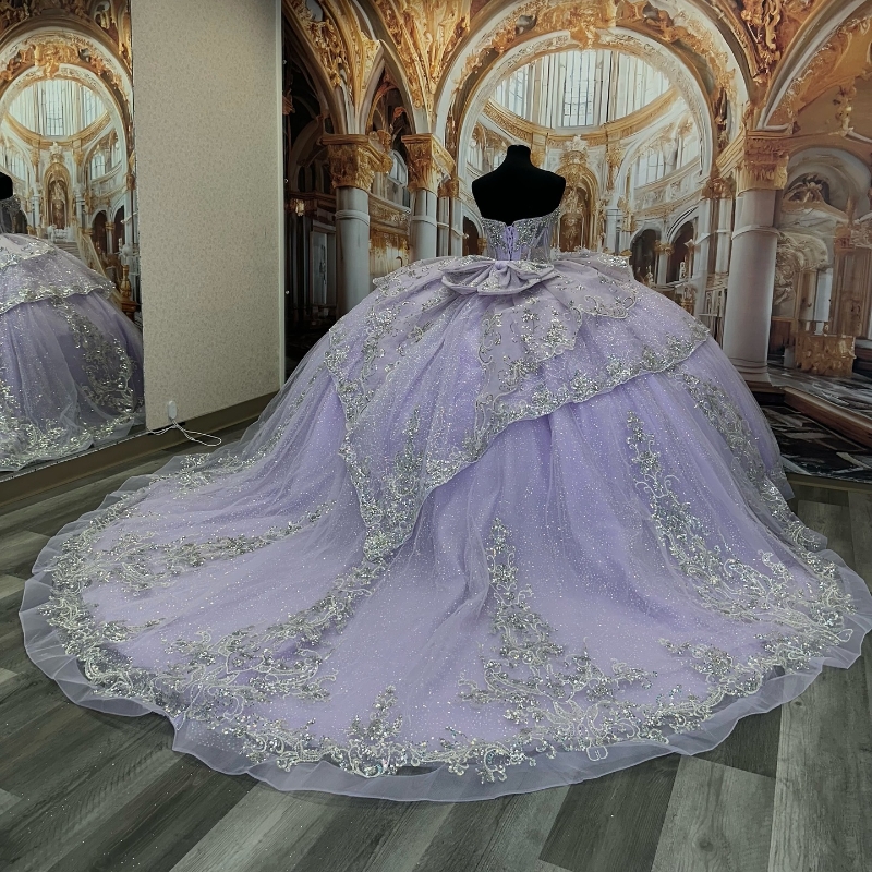 Lavender Quinceanera Dresses Ball Gown Off Shoulder Appliques Lace Beads Bow Tull Corset Birthday Party Sweet 16 Dress Vestidos 15 De anos
