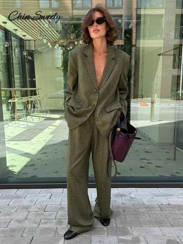 Elegant Coat Pant Sets Woman Fashion Lapel Long Sleeve Single Breasted Blazer Wide Leg Pants 2 Piece Set For Women Loose Outfits 250118