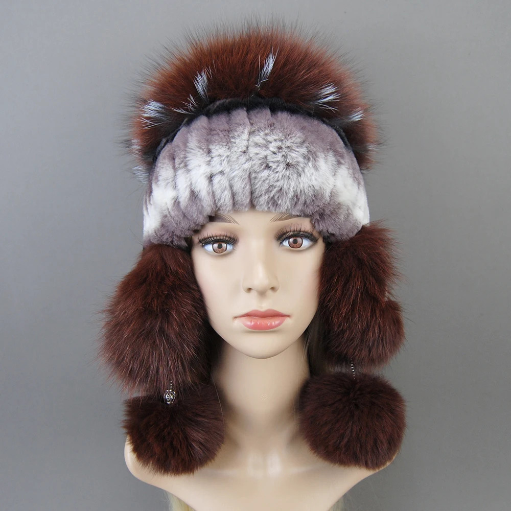 Elastic Knitted Rex Rabbit Fur Beanies Handmade Genuine Fur Hats with Fox Fur Ears Genuine Leather Snow Hats Suitable for Female ers 250109