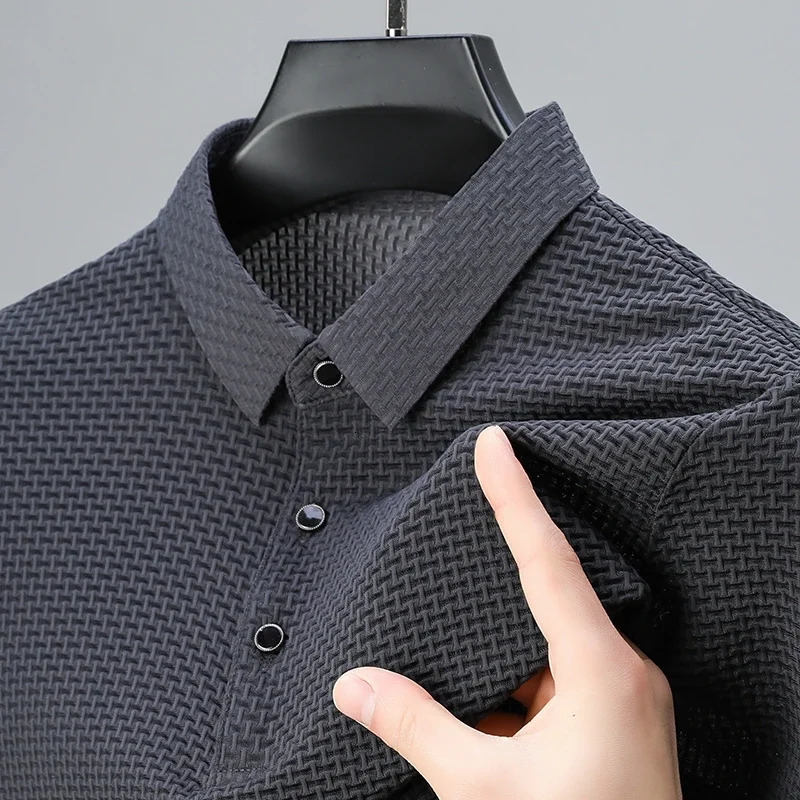 Mens Checkered Short Sleeved Solid Color POLO Shirt Breathable and Comfortable Elastic Top 250122