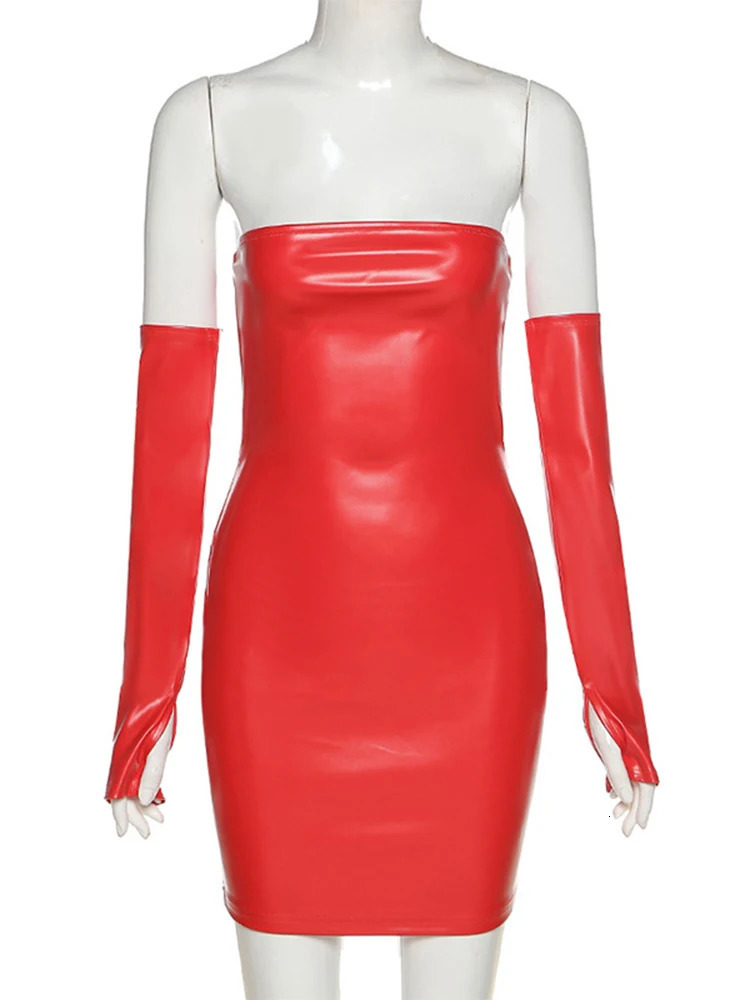 Leather With Gloves Party Dress Womens Backless Sexy Low Cut Clubwear Skinny 2024 Black Bodycon Mini Dresses Female 250113