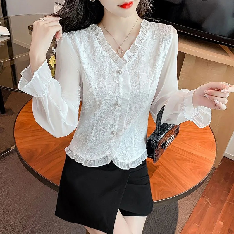 Women Spring Autumn Style Chiffon Blouses Shirts Lady Casual Long Flare Sleeve VNeck Blusas Tops ZZ1553 250121