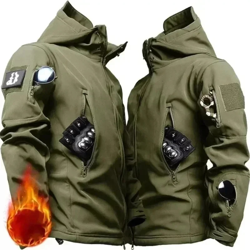 Winter Russian Camo Fleece Hooded Mens Jacket Multiple Pocket Zipper Waterproof and Windproof Hunting Tactical Coat Clothing 250122