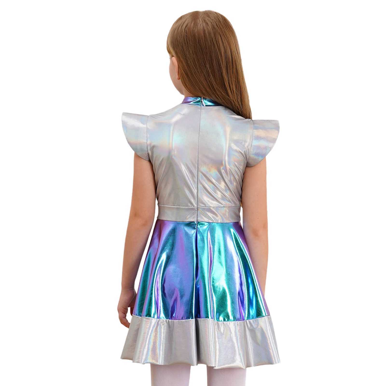 Shining alien girl outdoor space Halloween role-playing costume flyer sleeve gradient line picture Future world party dance dress W250117