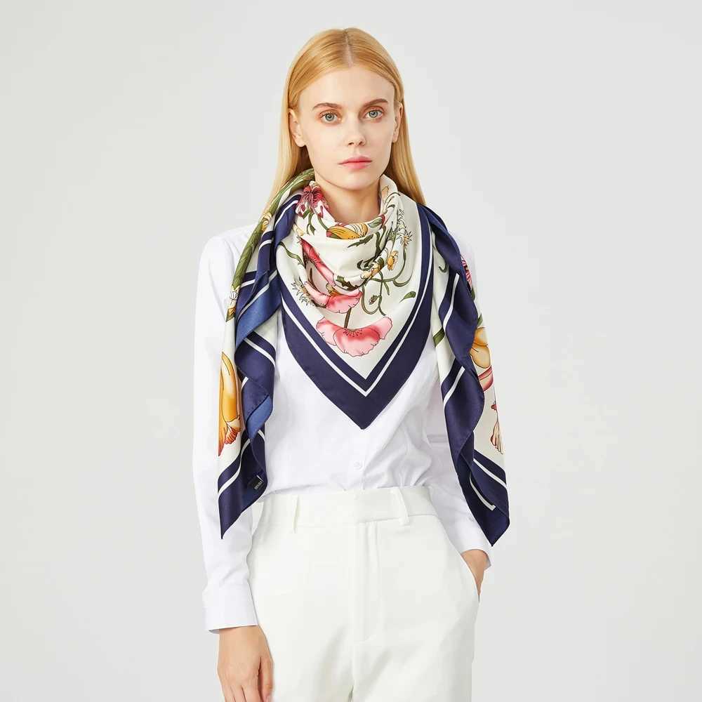 130cm % Twill Silk Scarves Luxury Floral Square Scarf Women Brand Hijab Scarf Shl Design Bandana Foulard For La W250118