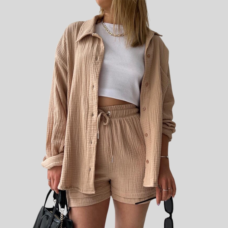 European and American women's clothing two-piece set wrinkled cloth lapel collar long-sleeved shirt high waist drawstring shorts large size fashi