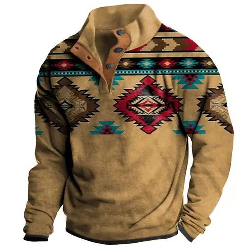 Mens Hoodie Autumn Long Sleeve Sweatshirt Vintage Aztec Cow Skull Print Oversized Y2K Clothing Button Fashion Hoodies for Men W250117