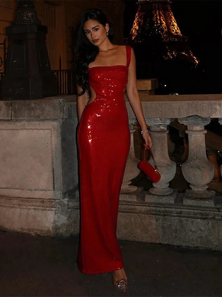 Sexy Sequin Sling Long Tube Dresses Women Vintage Solid Slim Fit Backless Glitter Maxi Dress Chic Street Party Evening Beach 250122