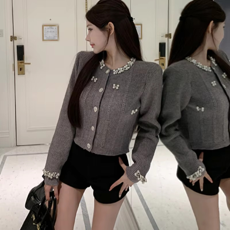 Cardigan Beading Pure Temperament Ins Knitted Korean Fashion Cropped All-Match Daily Autumn Winter Sweet Gentle Girls Elegant