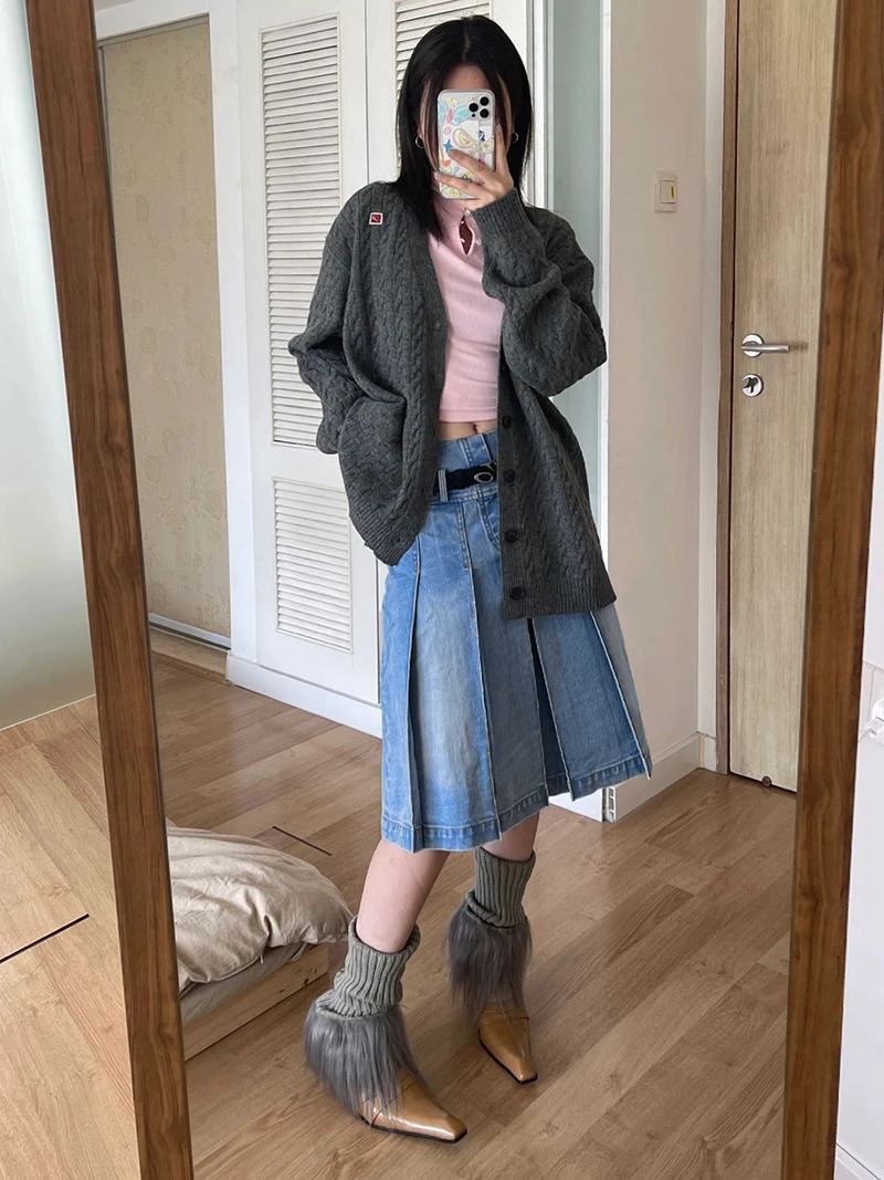 REDDACHiC Vintage Knee-length Midi Long Pleated Denim Skirt Women Acubi Fashion Grunge Y2k Streetwear Blue Jeans Bottoms Female 250118