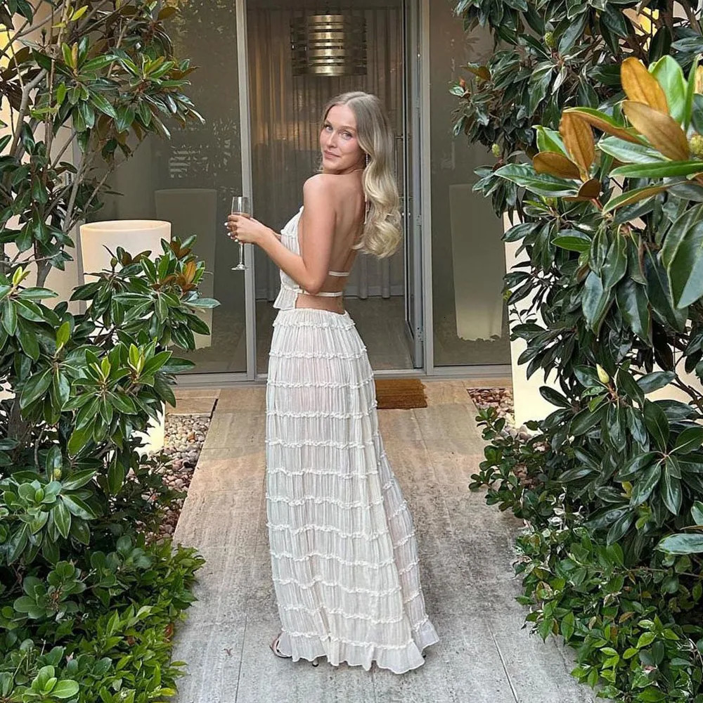Fashion Halter Neck Long Skirt Suit Women Backless Sling Top Lace Up Fold Maxi Skirts Summer Female 2 Piece Set Outfits 250113