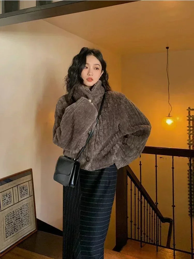 Vintage Cropped Stand Neck Loose Casual Jacket Japanese Streetwear Fashion Fluffy Coats Y2k Aesthetic Grunge Women Chaqueta Coat 250118