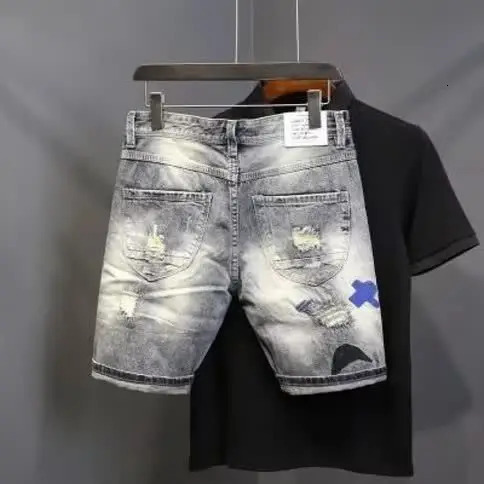 High-Streets Summer Slim Denim Shorts for Men with Distressed Ripped Embroidered Cat Whiskers Hip Hop Streetwear Short Pants 250122